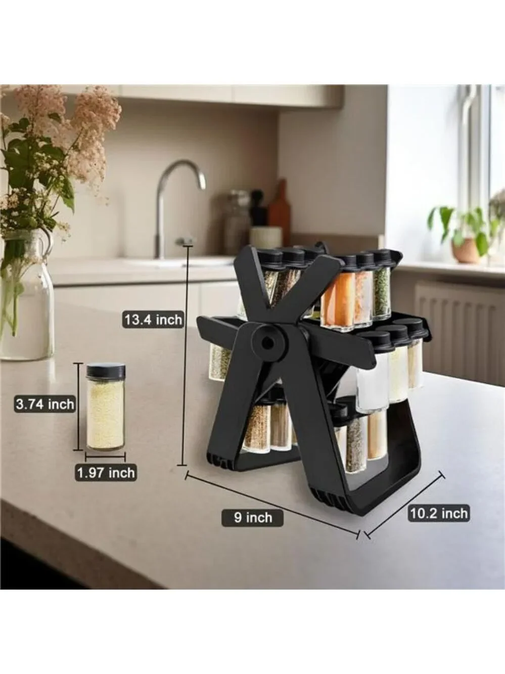 Rotating spice rack with 18 glass jars ferris wheel countertop kitchen organizer